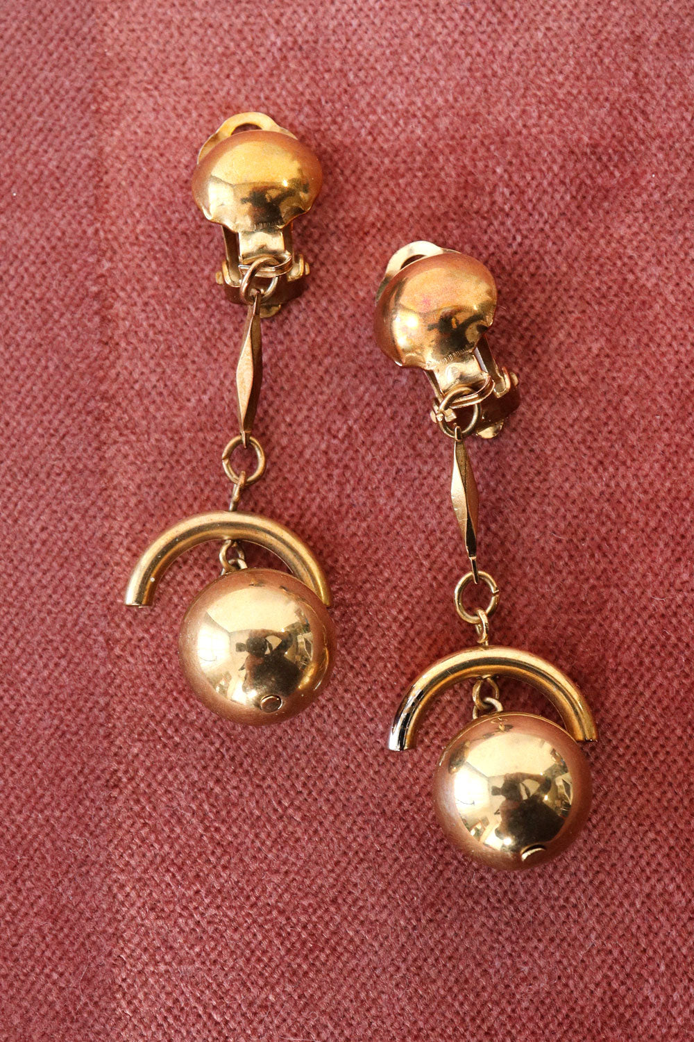 Brassy Planetary Dangle Clip Earrings