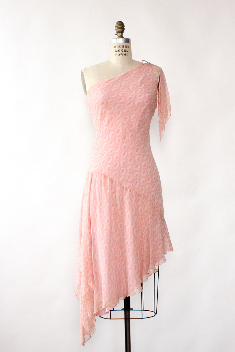 Candy Pink Silk Chiffon One Shoulder Dress S/M