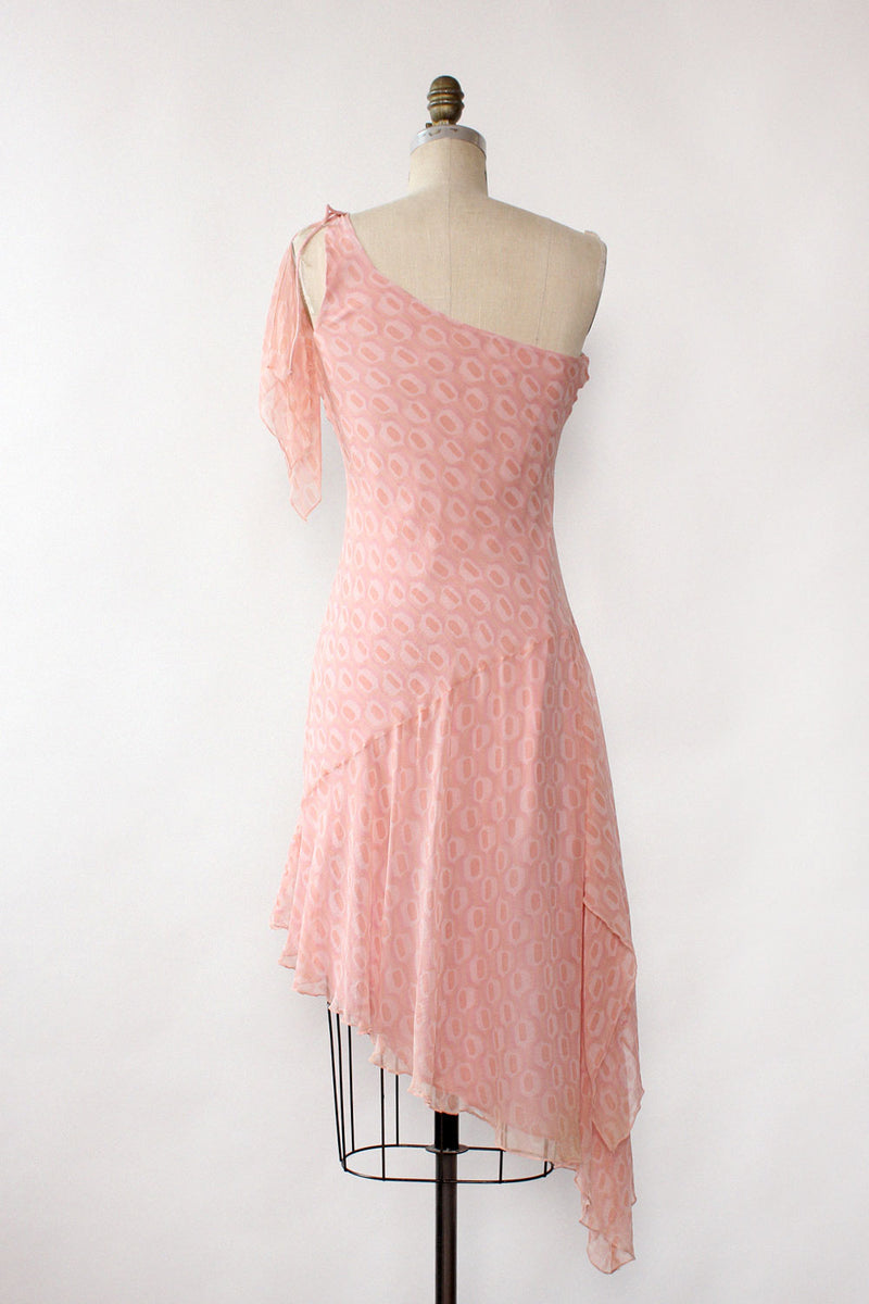Candy Pink Silk Chiffon One Shoulder Dress S/M