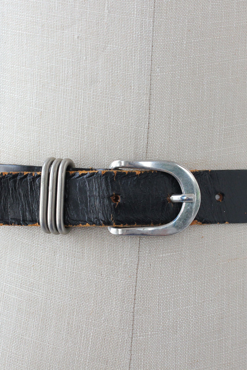 Triple Ring Black Leather Belt