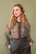 Sheer Olive Animal Print Blouse S/M