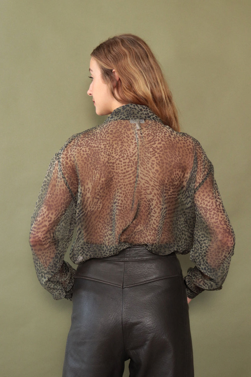 Sheer Olive Animal Print Blouse S/M