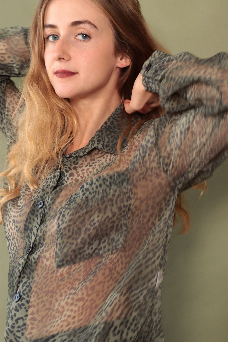 Sheer Olive Animal Print Blouse S/M