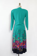 Freis Teal Cardigan Silk Skirt Set S