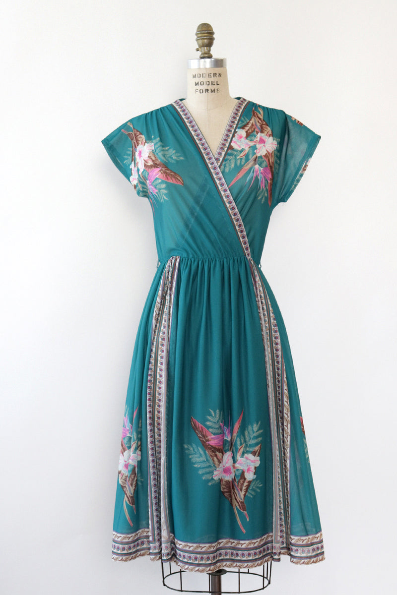 Teal Tropical Floral Dress XS-M