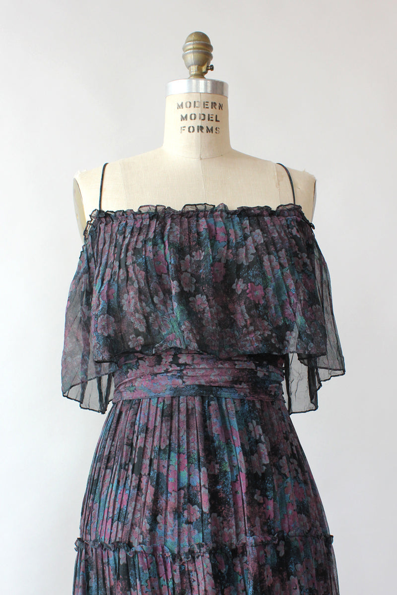 Magnin Pleated Watercolor Maxi Dress S/M