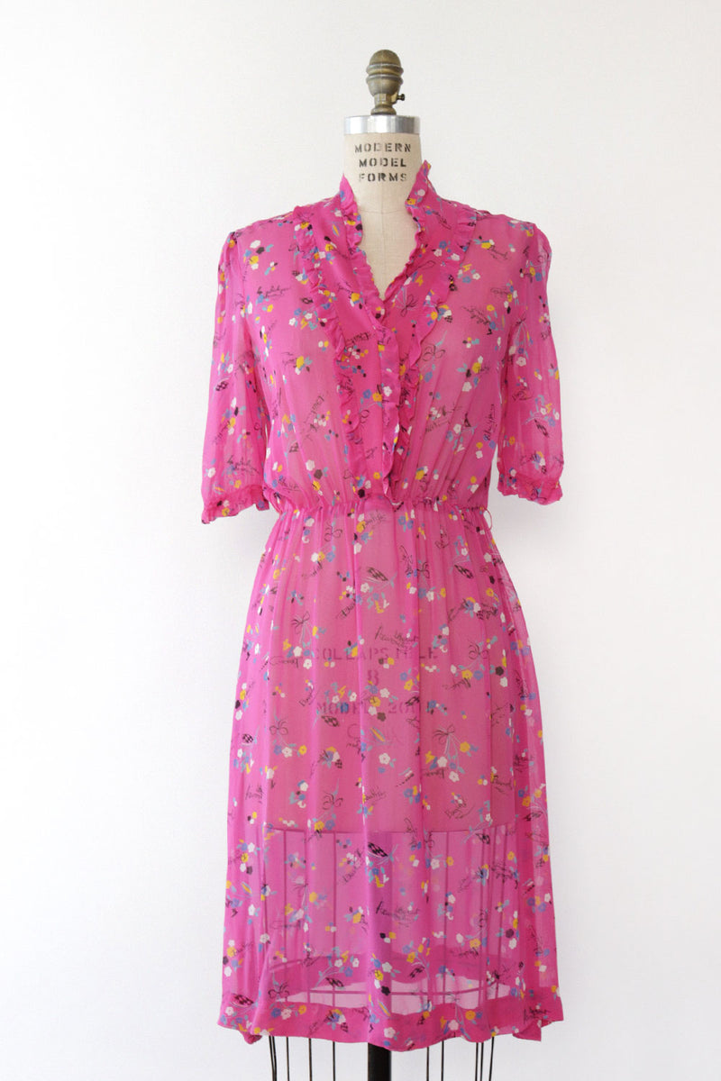 Hot Pink Typography Print Sheer Dress M