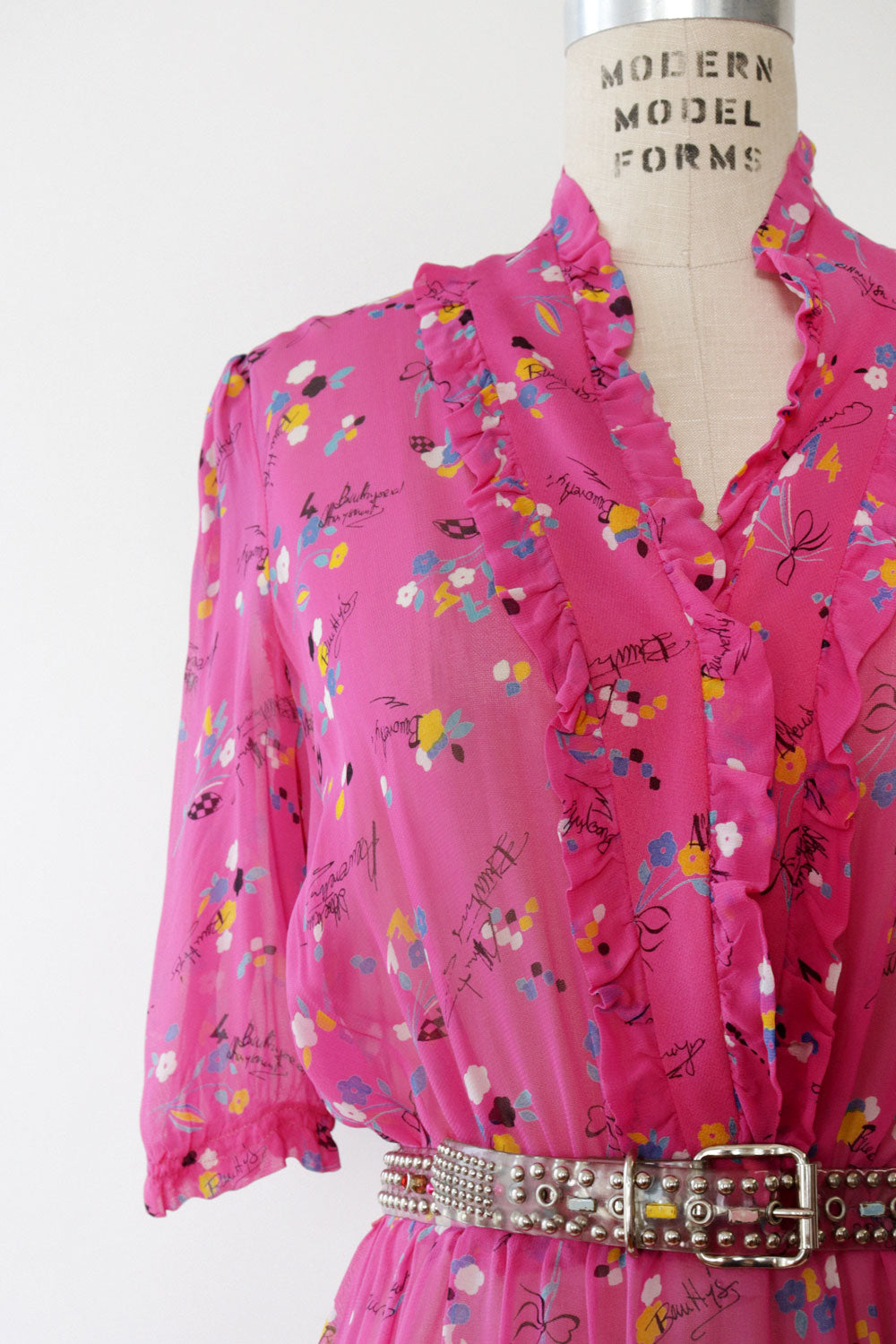 Hot Pink Typography Print Sheer Dress M