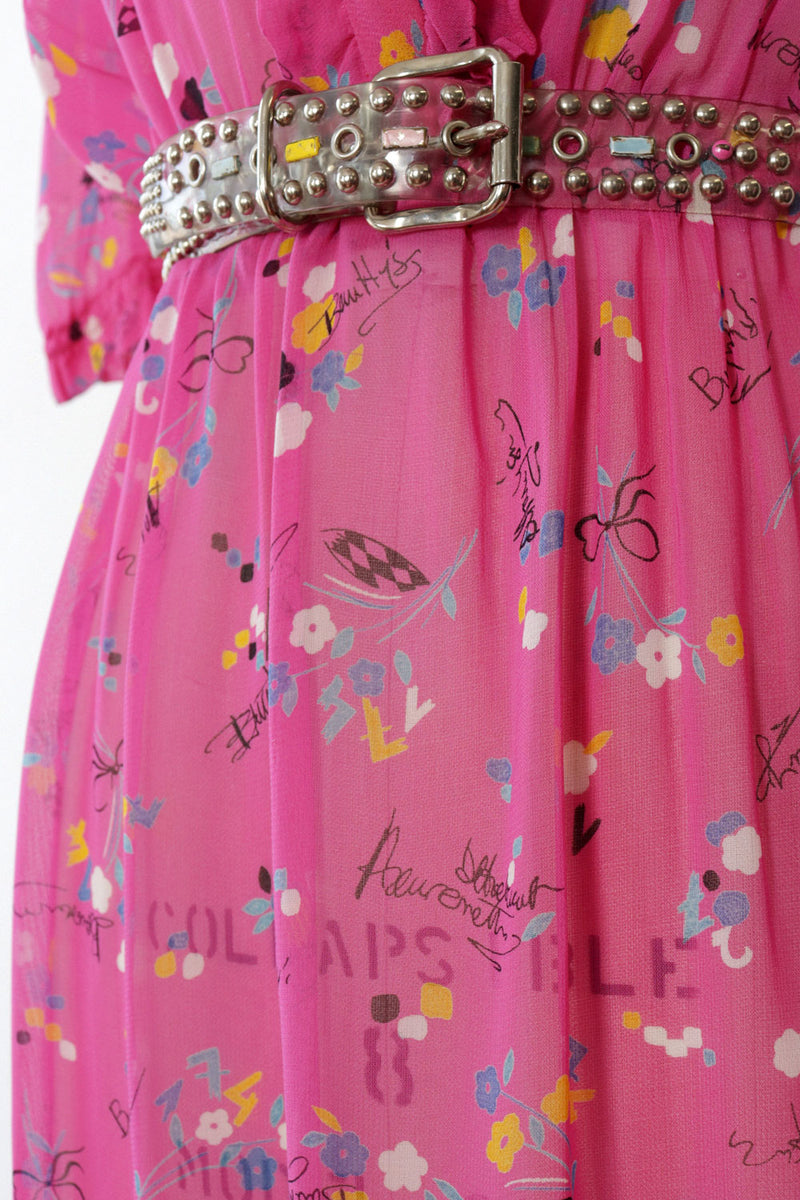 Hot Pink Typography Print Sheer Dress M