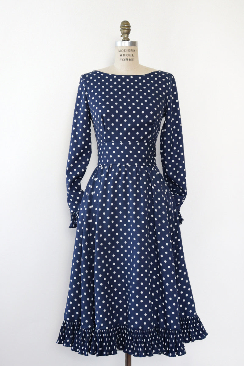 Victor Costa Navy Polka Dot Dress M