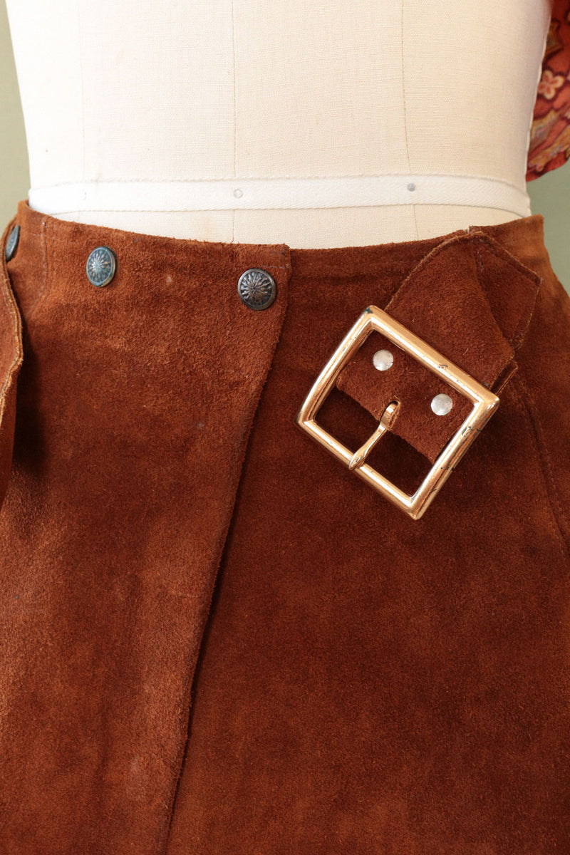Latigo Brown Suede Buckle Mini Skirt XS