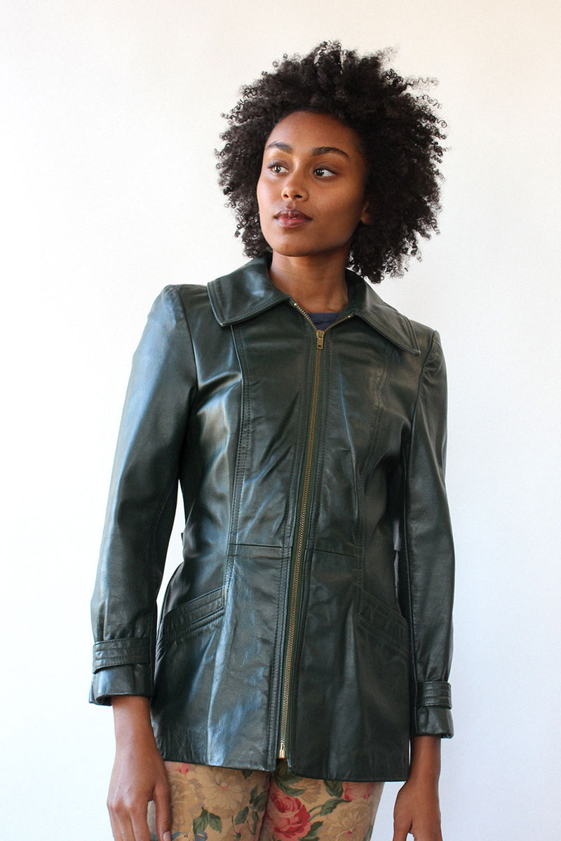 Hunter Green Leather Zip Jacket S