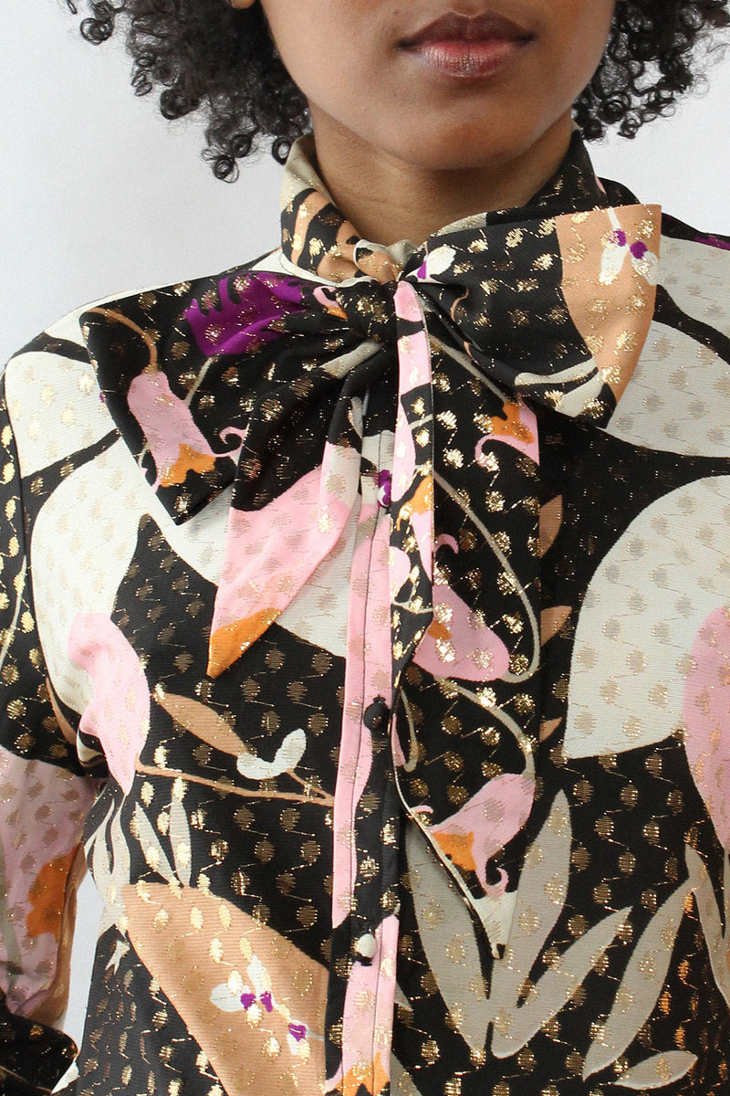 Lurex Floral Pussybow Blouse M