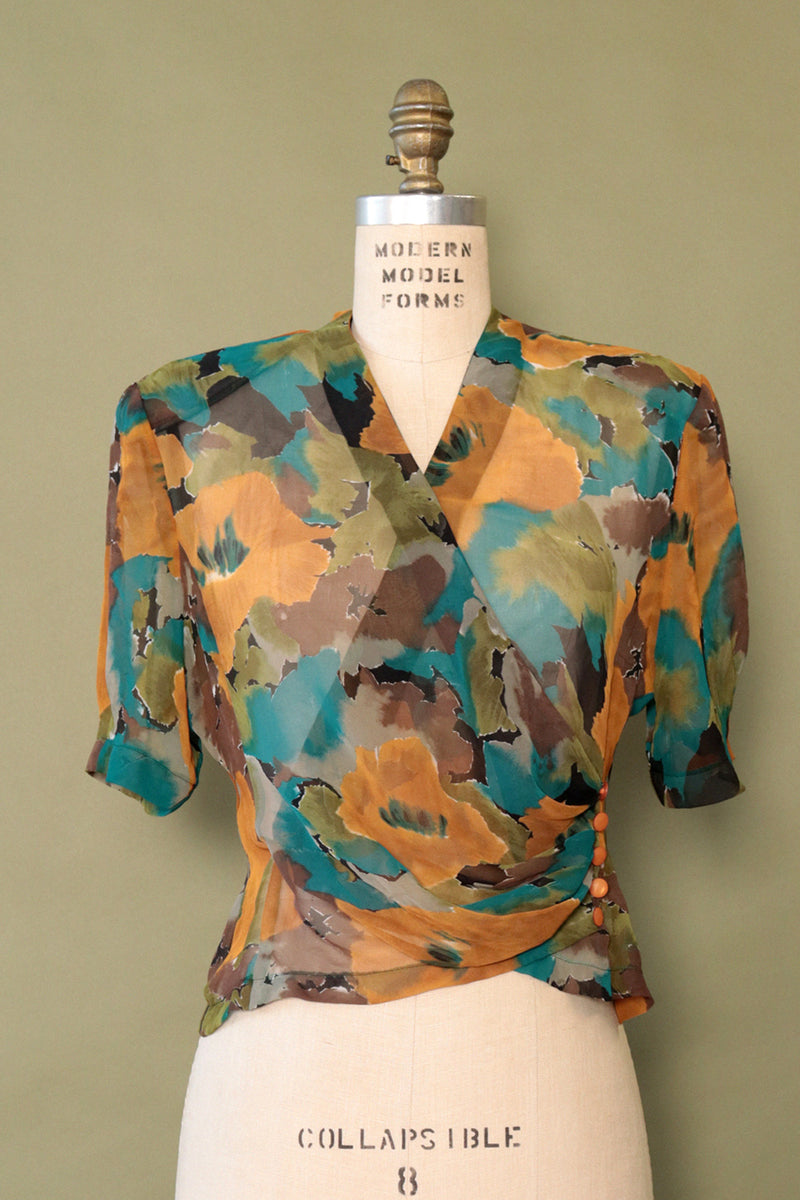 Sheer Leafy Watercolor Top M