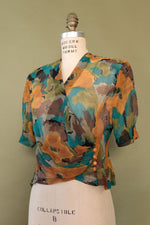 Sheer Leafy Watercolor Top M