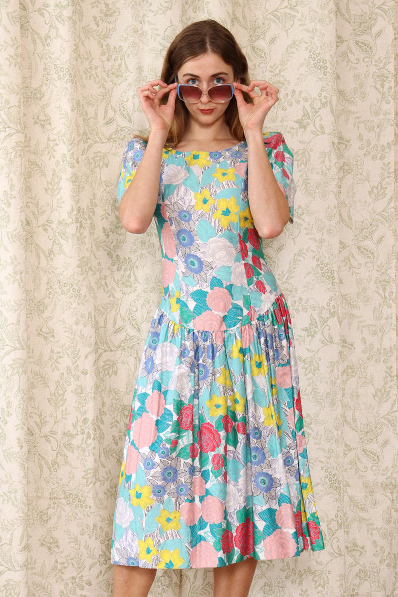 Belle France Bright Floral Dropwaist Dress S