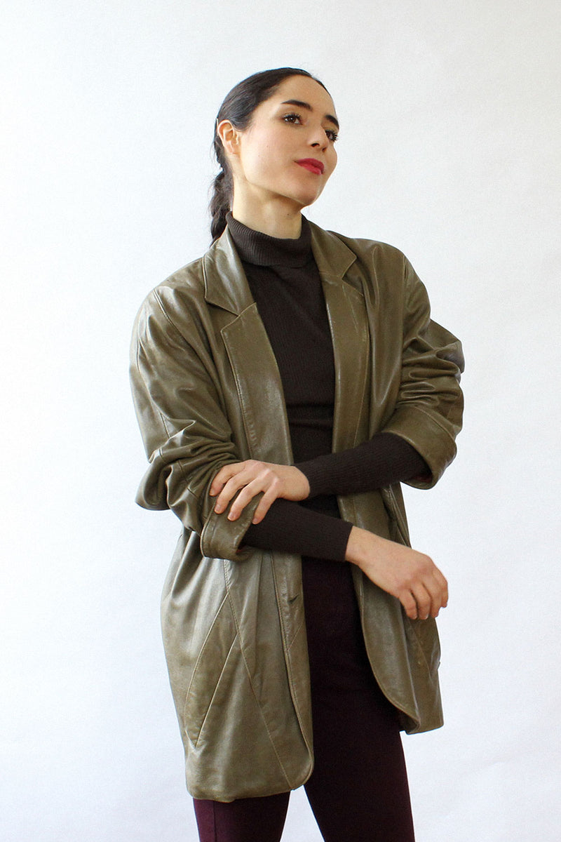 Olive Leather Slouchy Coat S/M
