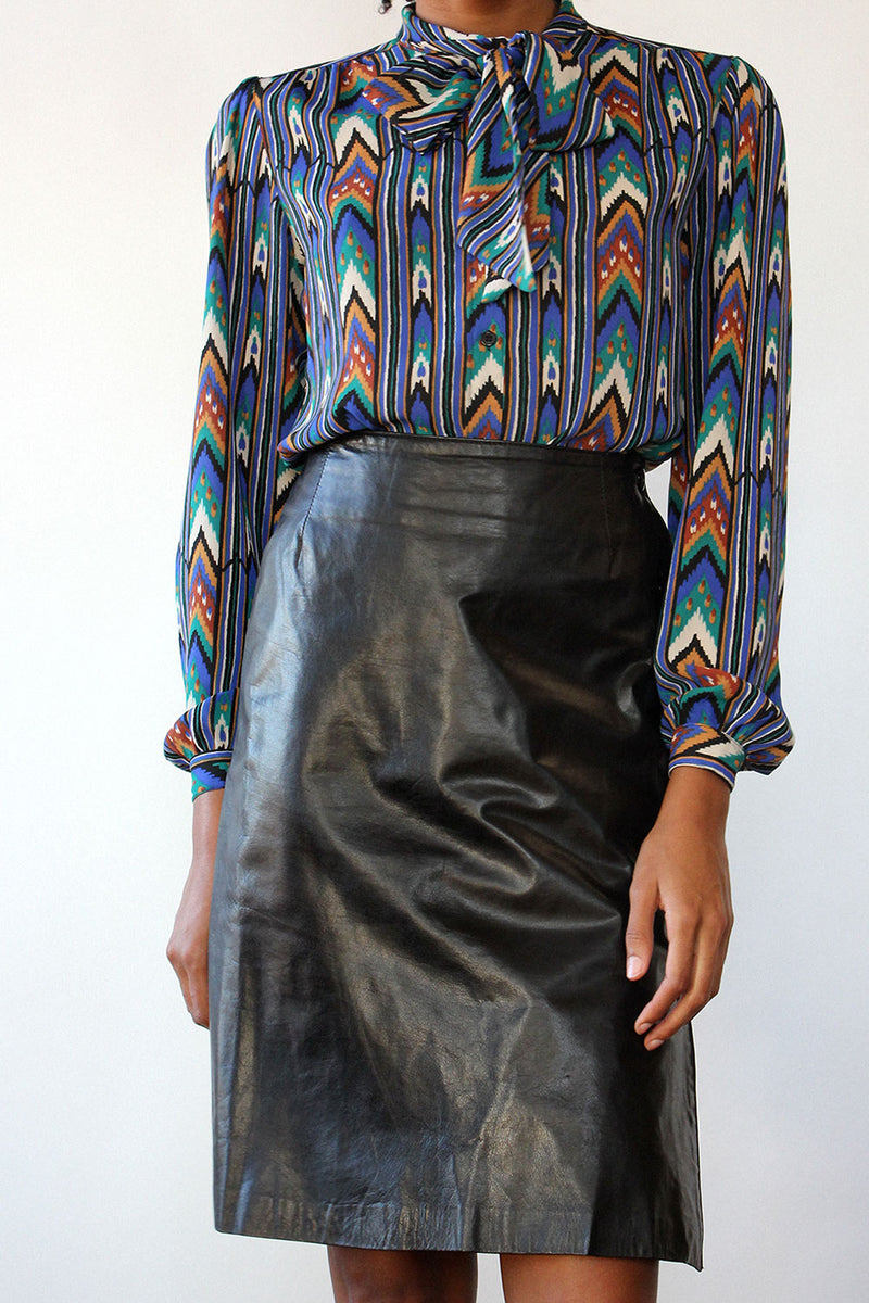 Papery Black Leather Button Skirt