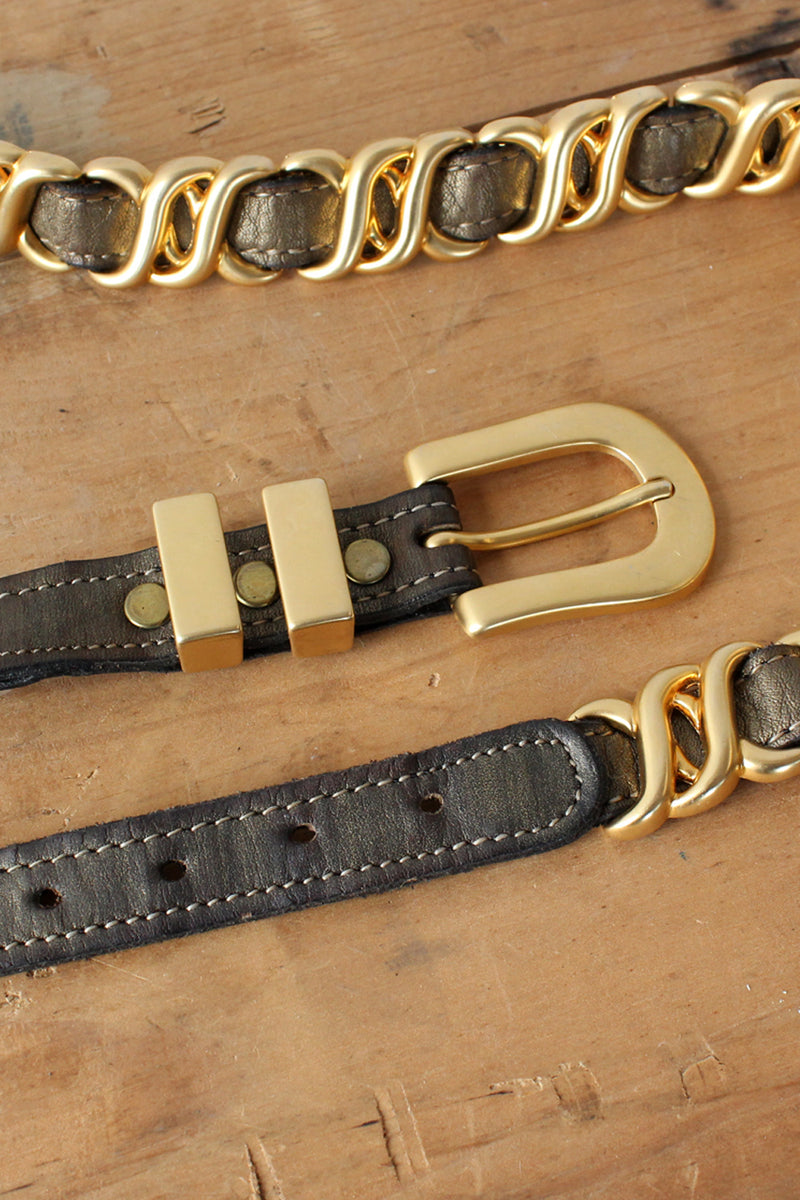 Brushed Brass Link Leather Belt