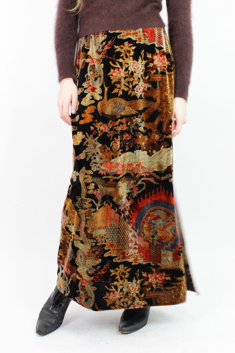 pheasant print velvet maxi skirt M