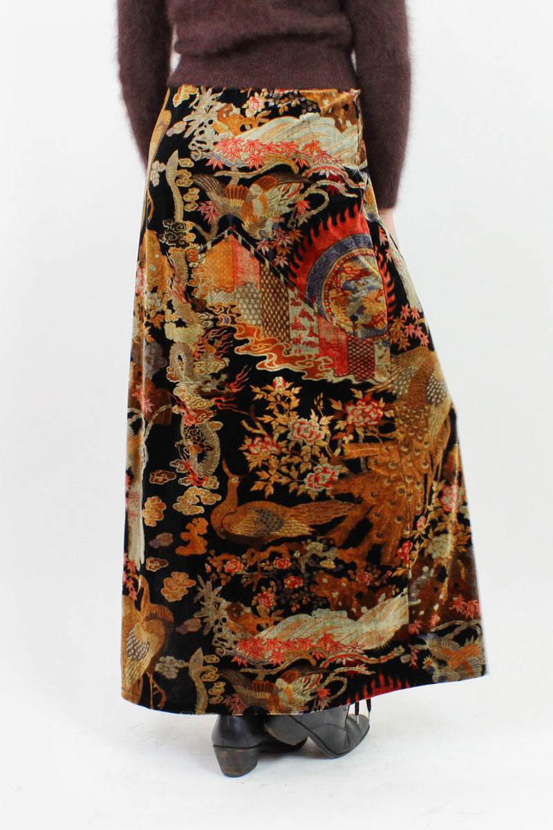 pheasant print velvet maxi skirt M