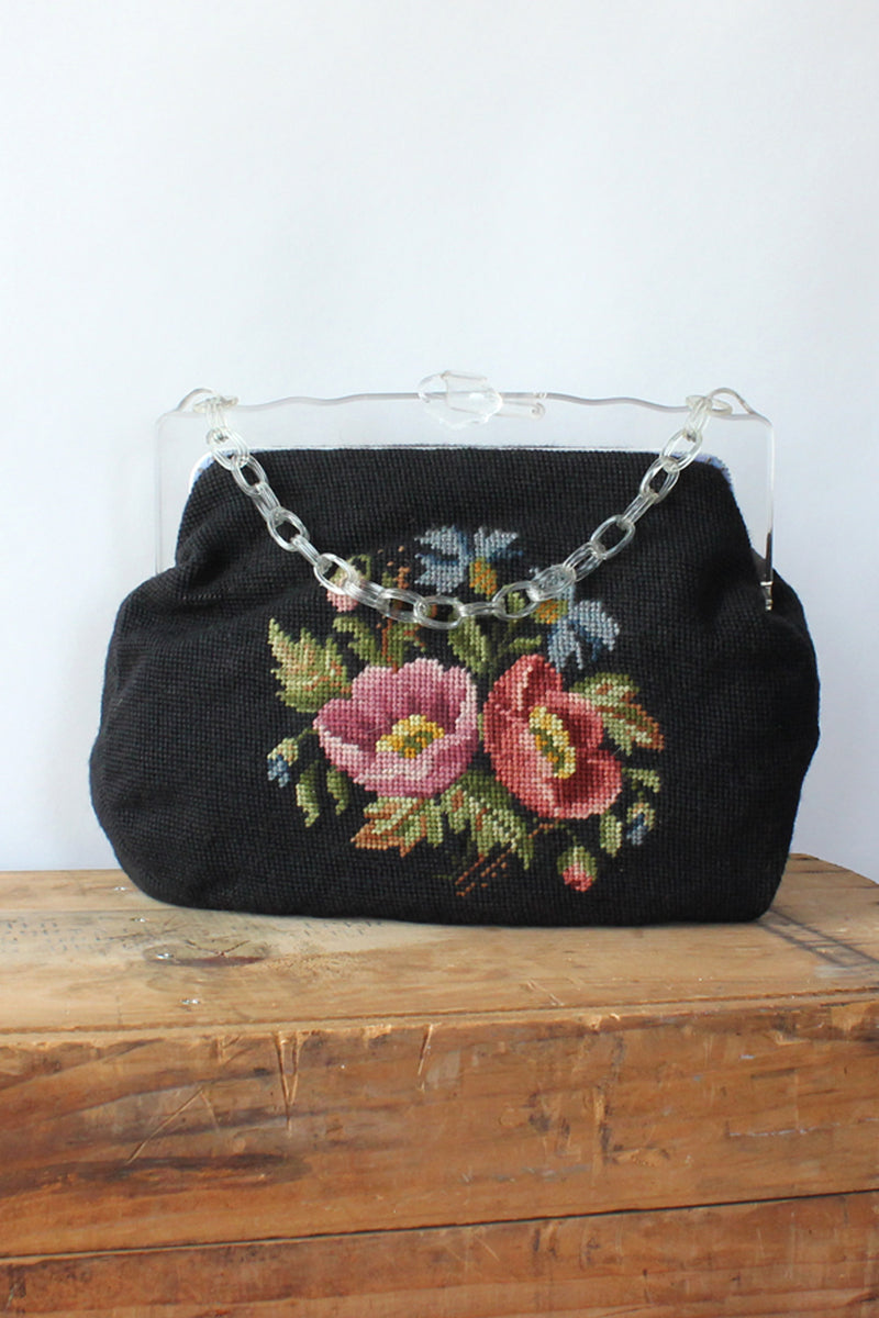 Oversized Needlepoint Lucite Frame Purse