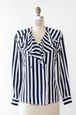 Bold Navy Stripe Ruffle Blouse S/M