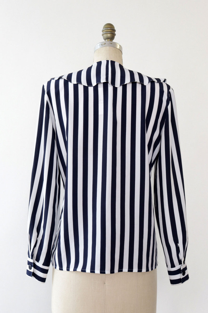 Bold Navy Stripe Ruffle Blouse S/M