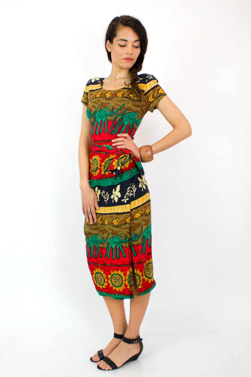Sunflower & Elephant Wrap Dress S