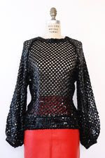 Sequined Net Balloon Sleeve Top S-L