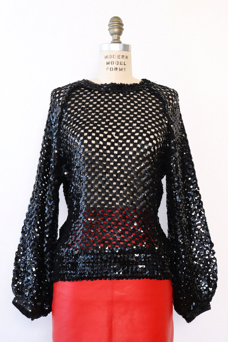 Sequined Net Balloon Sleeve Top S-L