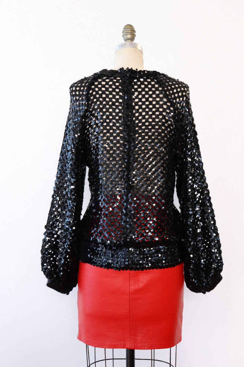 Sequined Net Balloon Sleeve Top S-L