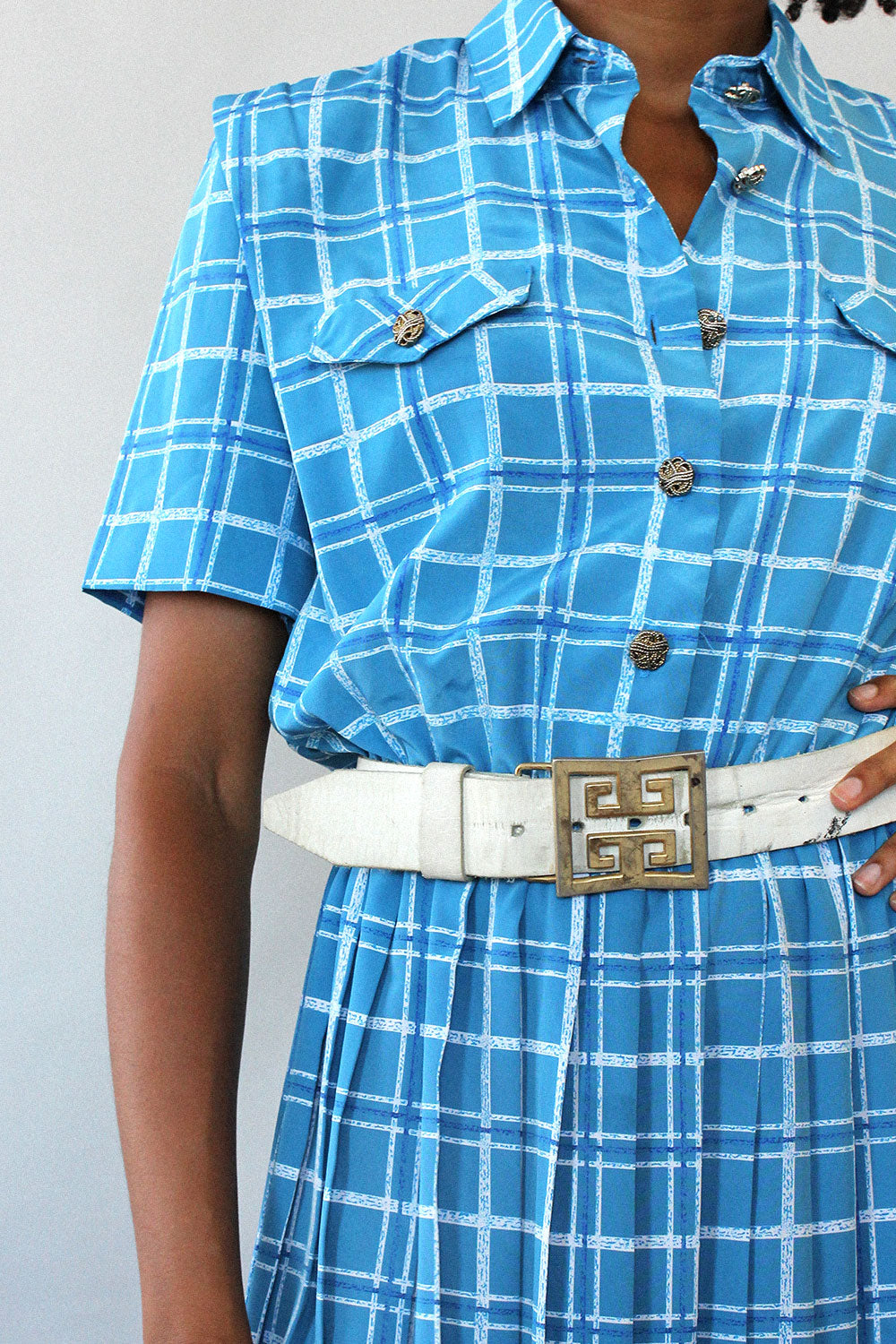Sky Blue Plaid Shirtwaist Dress M OMNIA Sky Blue Plaid Shirtwaist Dress M OMNIA