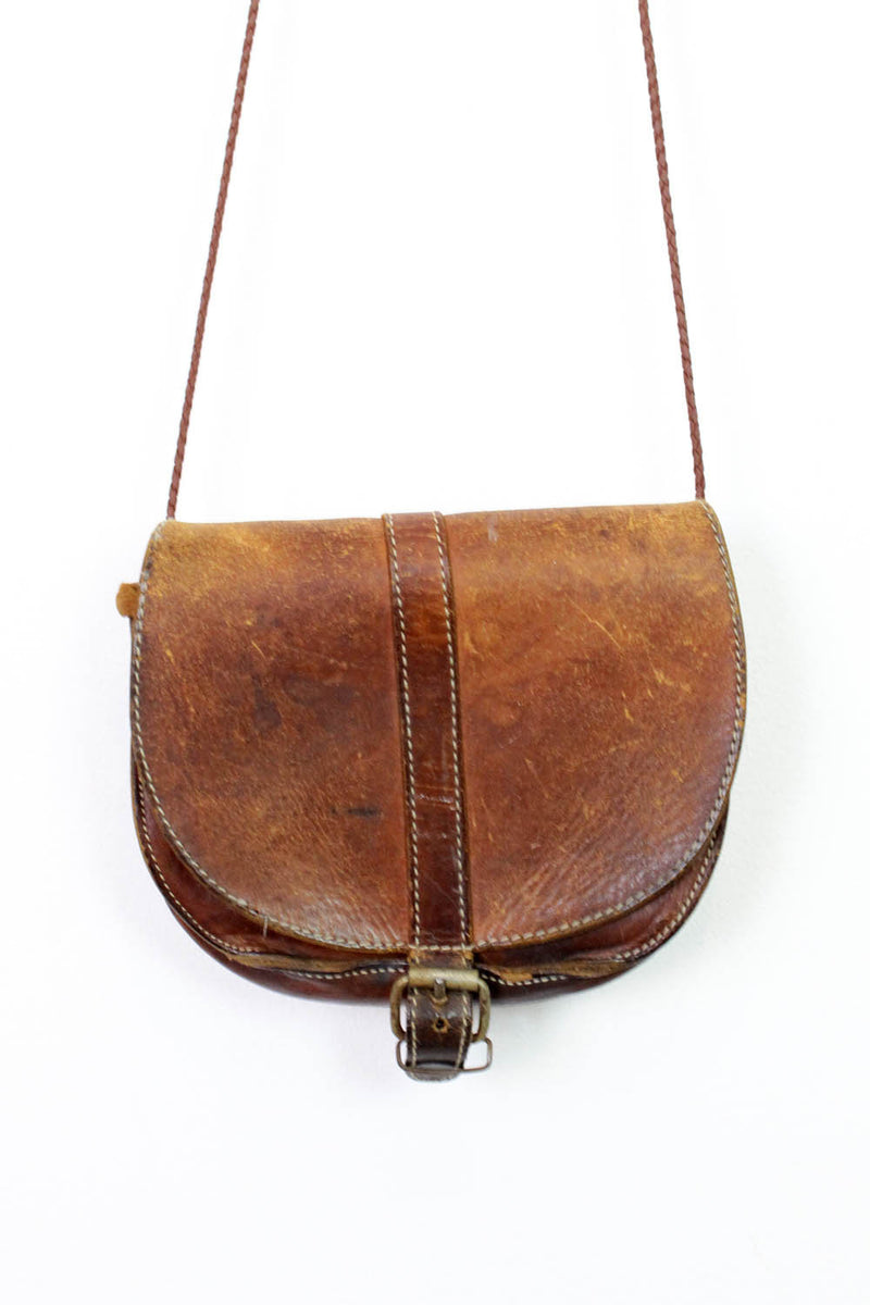 Distressed Leather Crossbody Saddle Bag