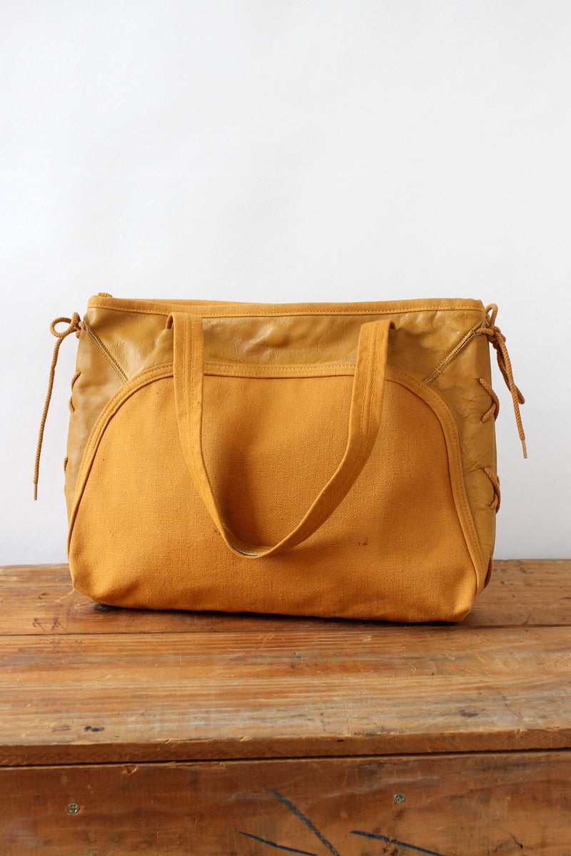 Mustard Leather Lace-up Canvas Tote
