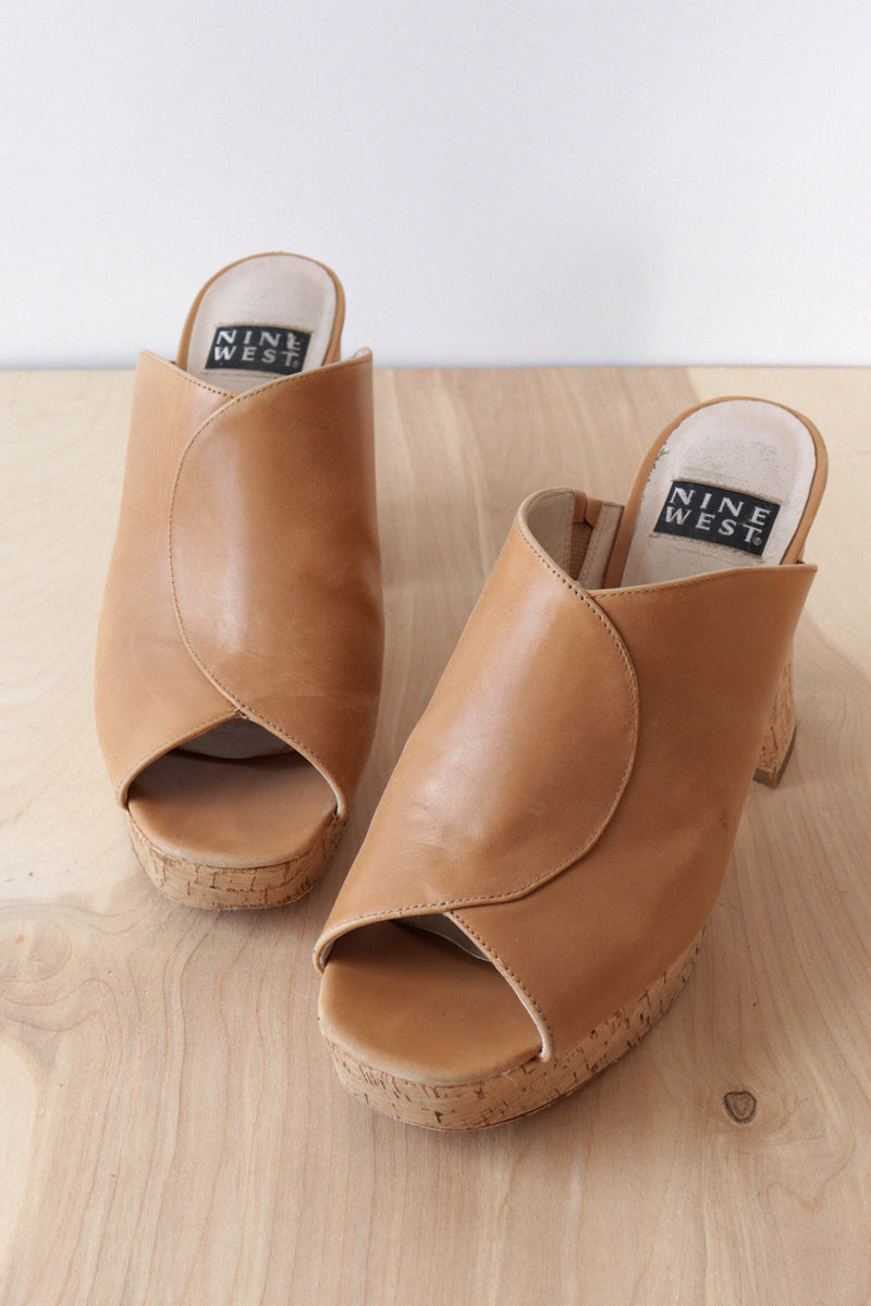 Tan Cork Platform Mules 9.5