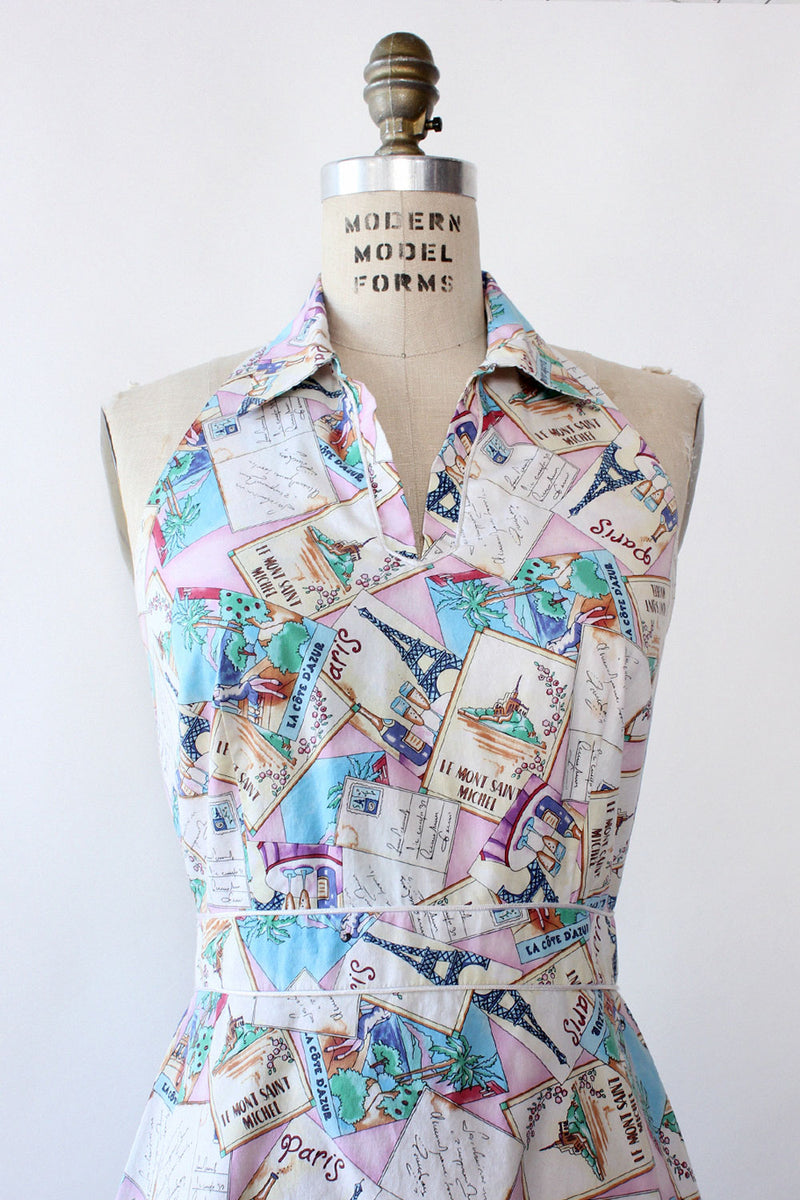 Rosy Postcard Print Halter Dress M
