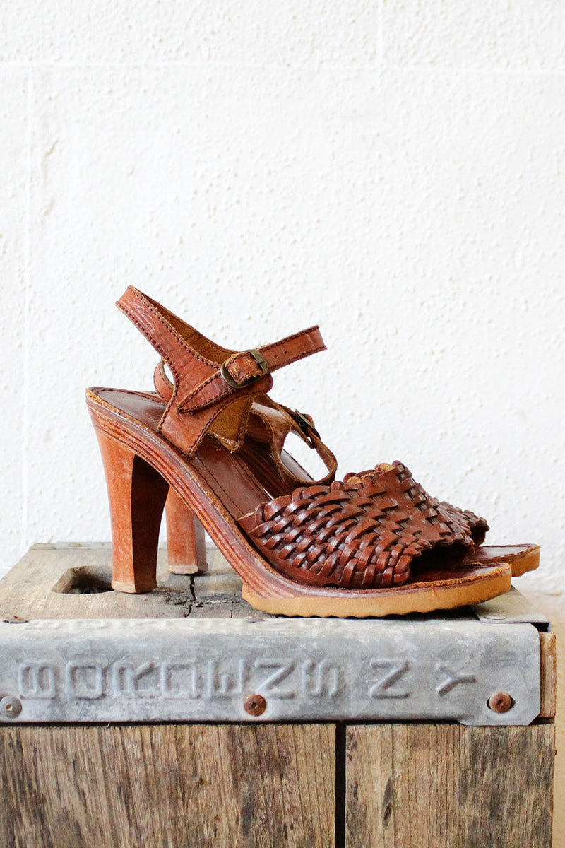 70s Wood Woven Sandals 7 1/2