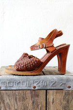 70s Wood Woven Sandals 7 1/2