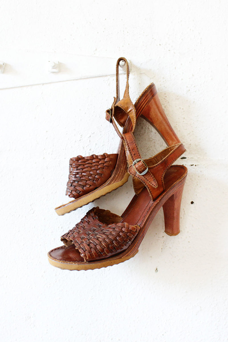 70s Wood Woven Sandals 7 1/2