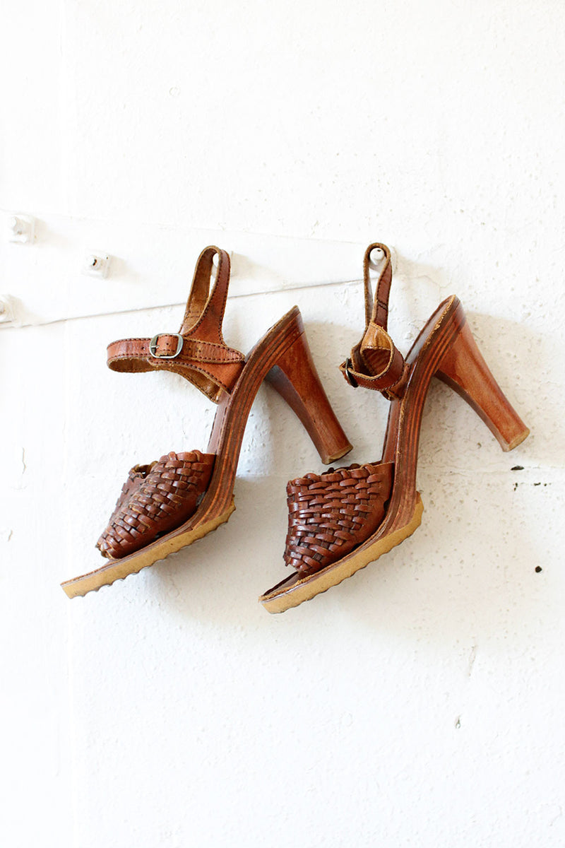 70s Wood Woven Sandals 7 1/2