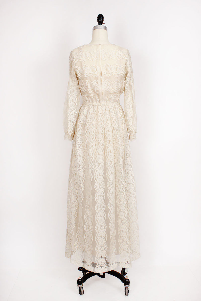 70s Ivory Lace Maxi Dress S M OMNIA