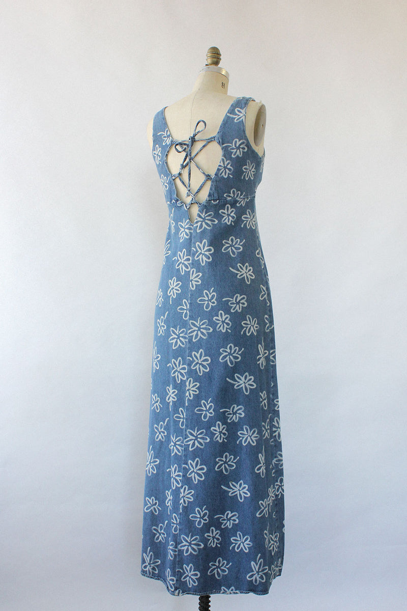 Lace-Up Denim Maxi Dress S