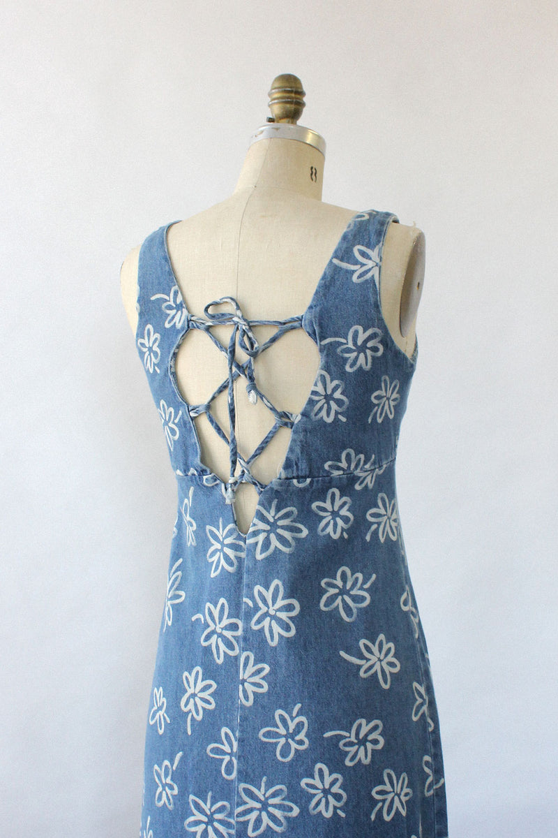 Lace-Up Denim Maxi Dress S