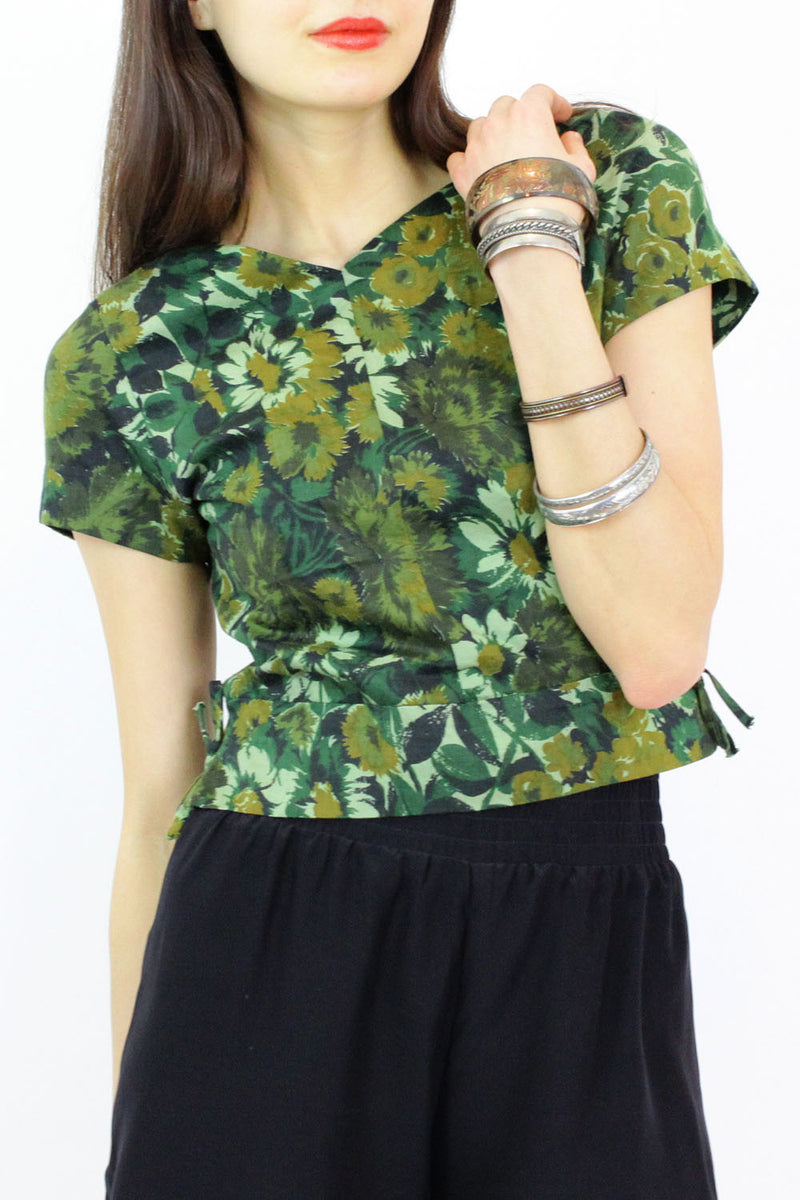 1960s Green Floral Shell Top XS