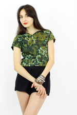 1960s Green Floral Shell Top XS