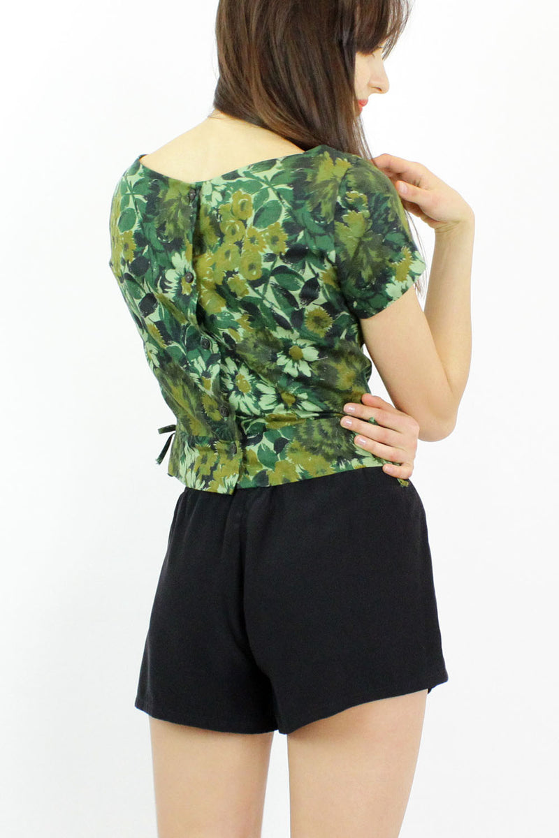 1960s Green Floral Shell Top XS