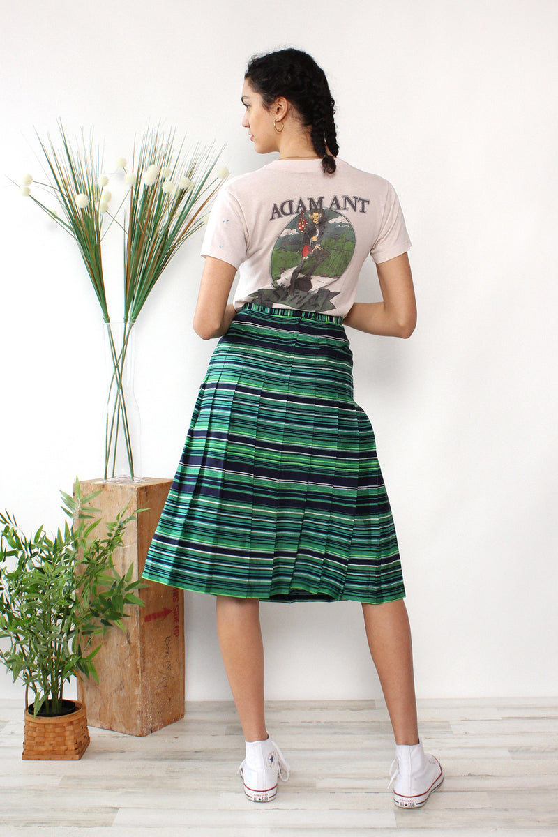 Navy Lime Stripe Pleat Skirt M