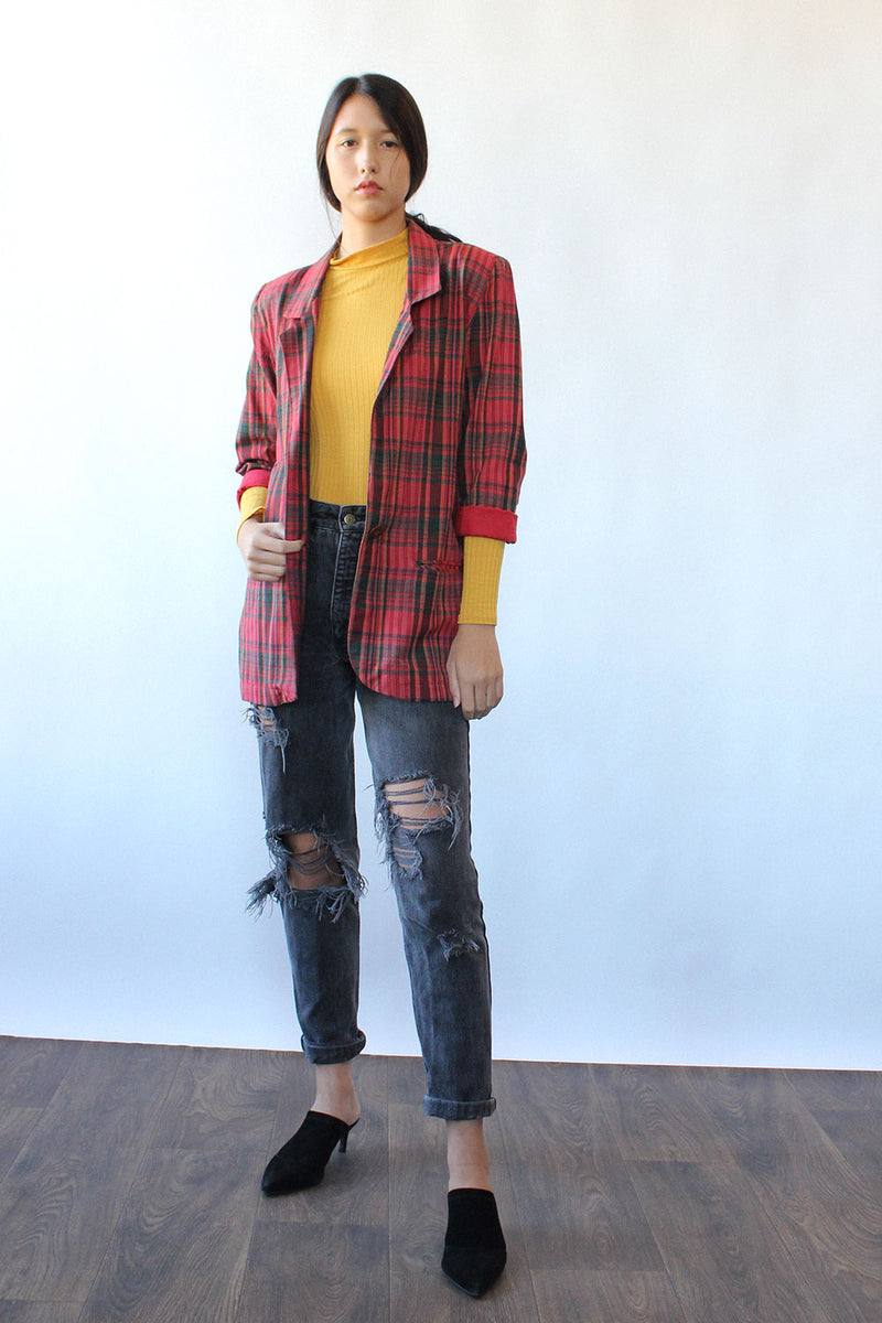 Cranberry Plaid Long Blazer S