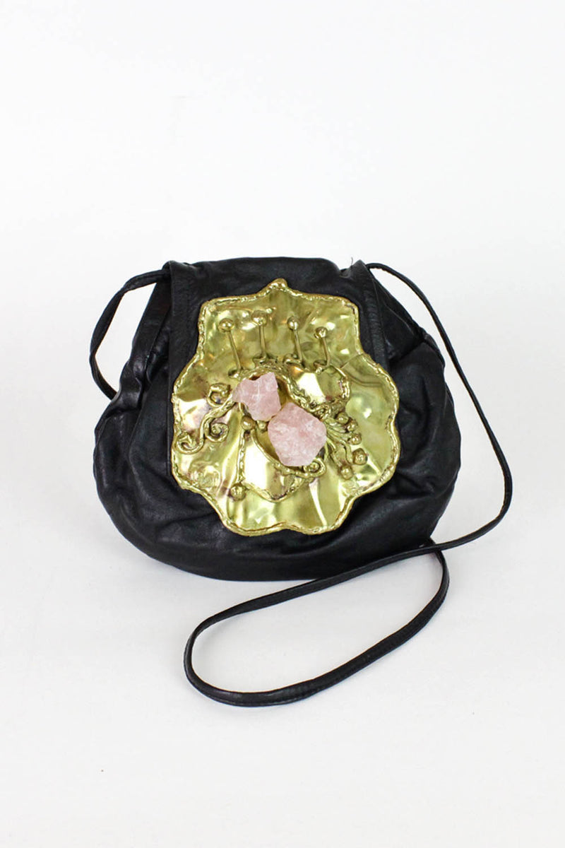 Brutalist Brass & Crystal on Leather Crossbody Bag